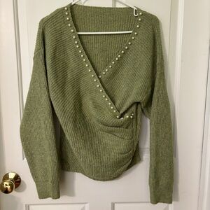 Olive Green Pearl-Embellished Women's Sweater